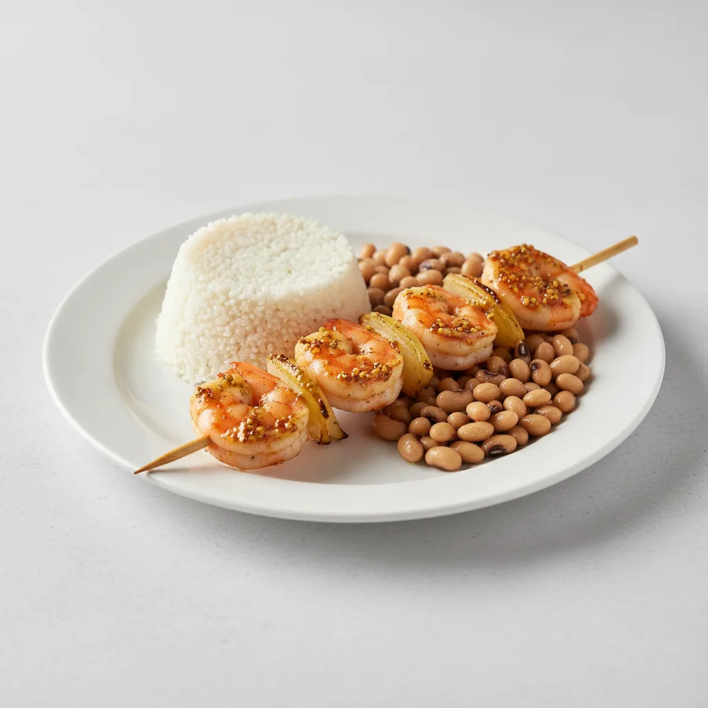 Brochette Shrimp with Attieke (Cassava Couscous) and Black-Eyed Peas Brochette Shrimp with Attieke (Cassava Couscous) and Black-Eyed Peas