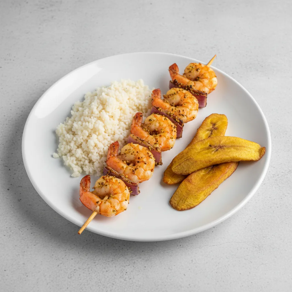 Brochette Shrimp with Attieke (Cassava Couscous) and Plantains Brochette Shrimp with Attieke (Cassava Couscous) and Plantains