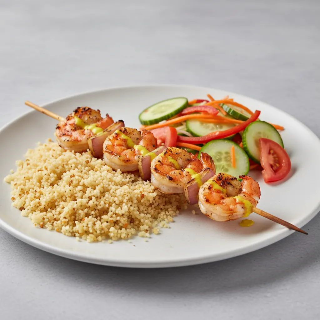 Brochette Shrimp with Attieke (Cassava Couscous) and Senegalese Salad Brochette Shrimp with Attieke (Cassava Couscous) and Senegalese Salad