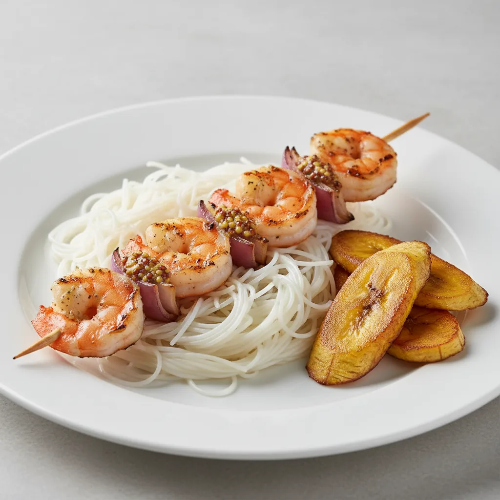 Brochette Shrimp with Vermicelli and Plantains Brochette Shrimp with Vermicelli and Plantains