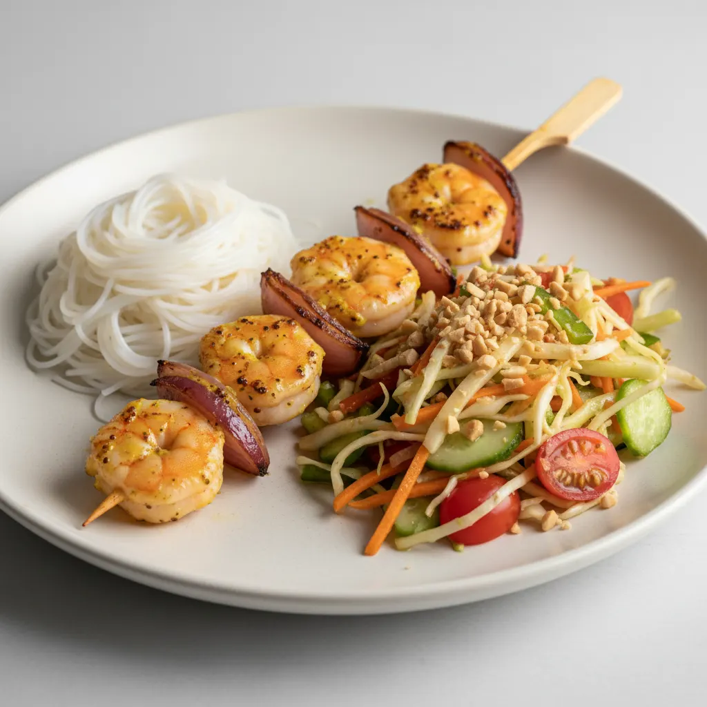 Brochette Shrimp with Vermicelli and Senegalese Salad Brochette Shrimp with Vermicelli and Senegalese Salad