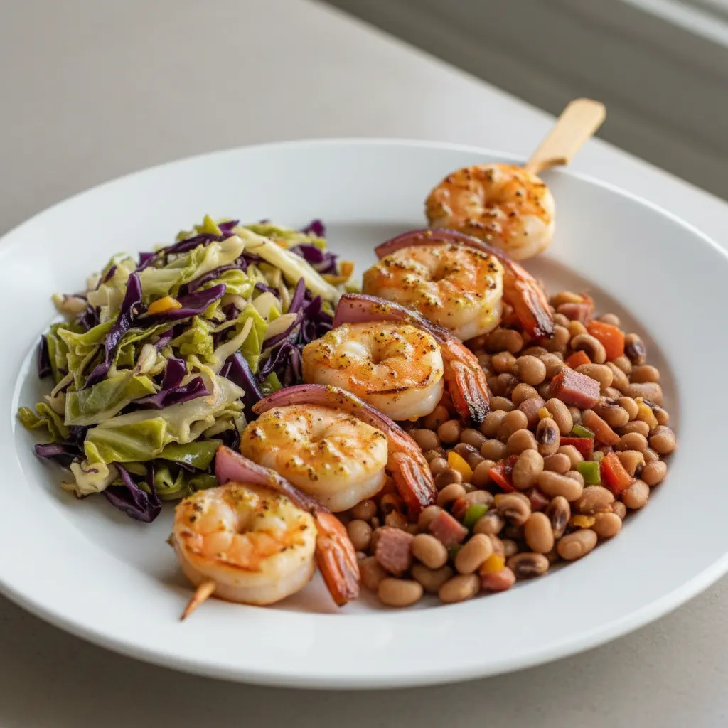 Brochette Shrimp with Cabbage and Black-Eyed Peas Brochette Shrimp with Cabbage and Black-Eyed Peas