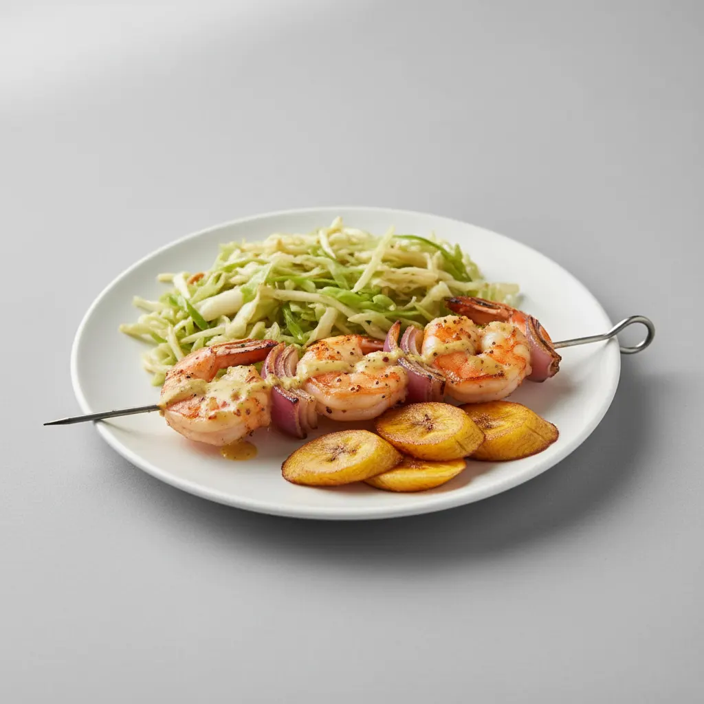 Brochette Shrimp with Cabbage and Plantains Brochette Shrimp with Cabbage and Plantains