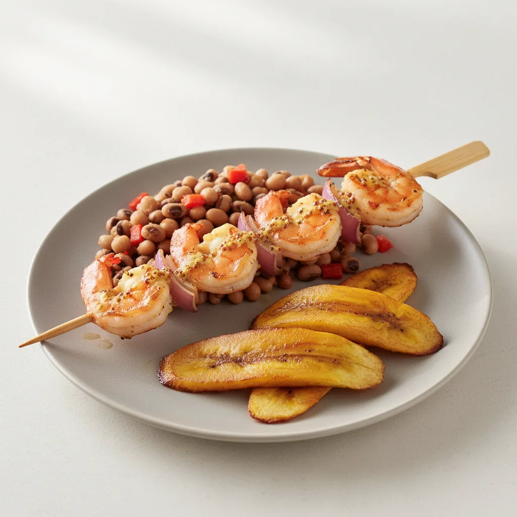 Brochette Shrimp with Black-Eyed Peas and Plantains Brochette Shrimp with Black-Eyed Peas and Plantains