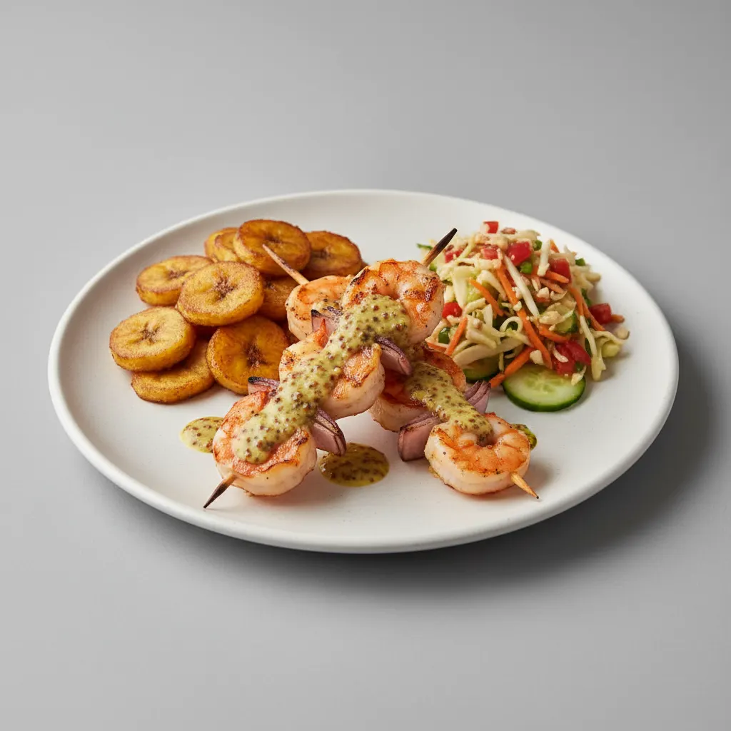 Brochette Shrimp with Plantains and Senegalese Salad Brochette Shrimp with Plantains and Senegalese Salad