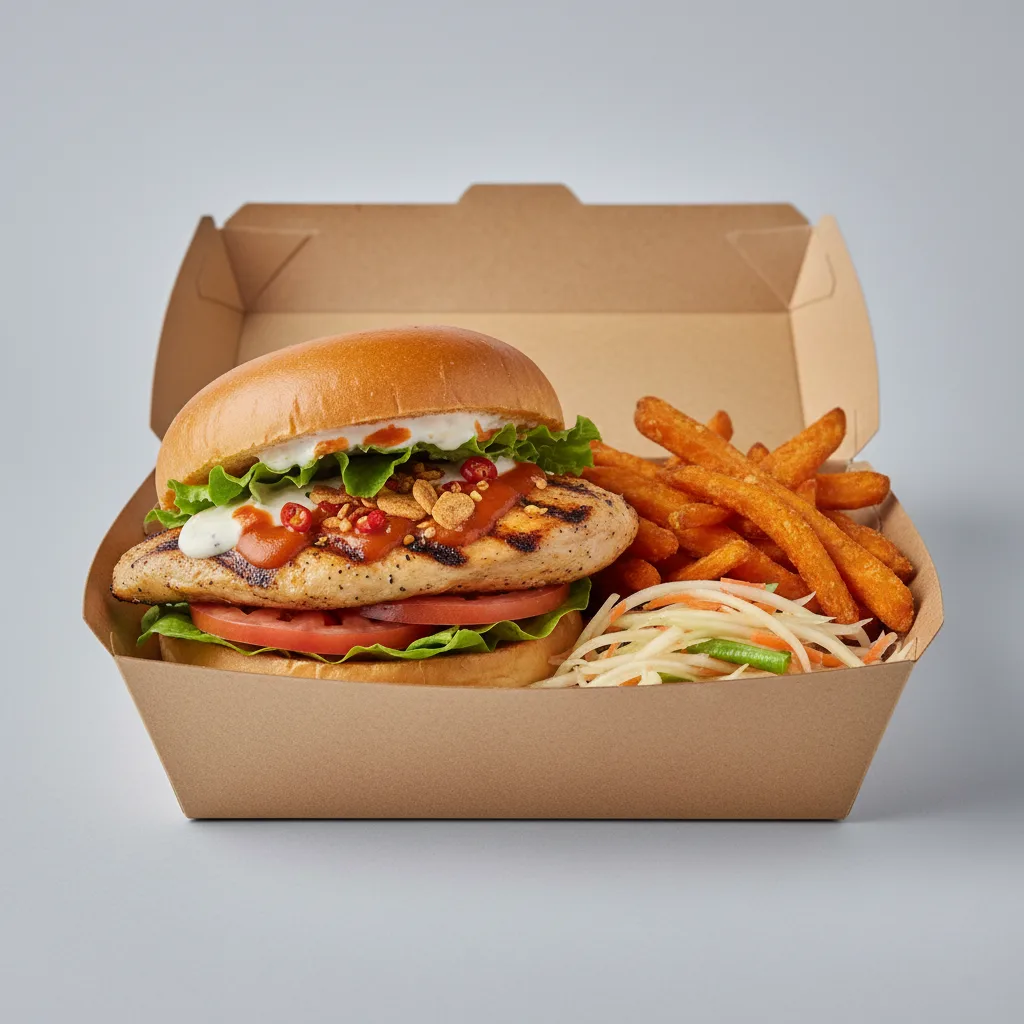 Char Chick Spicy Grilled Chicken Sandwich Box with Sweet Potato Fries Char Chick Spicy Grilled Chicken Sandwich Box with Sweet Potato Fries