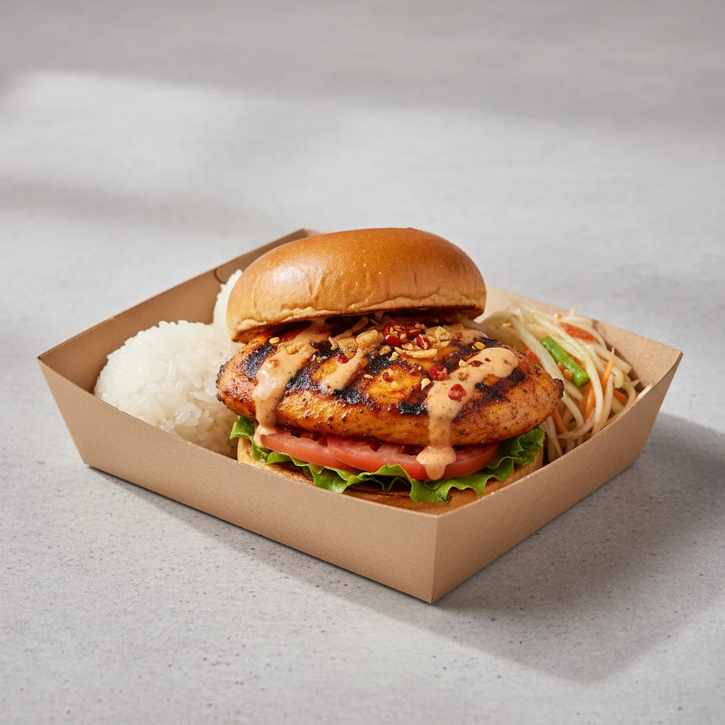 Char Chick Spicy Grilled Chicken Sandwich Box with Sticky Rice Char Chick Spicy Grilled Chicken Sandwich Box with Sticky Rice