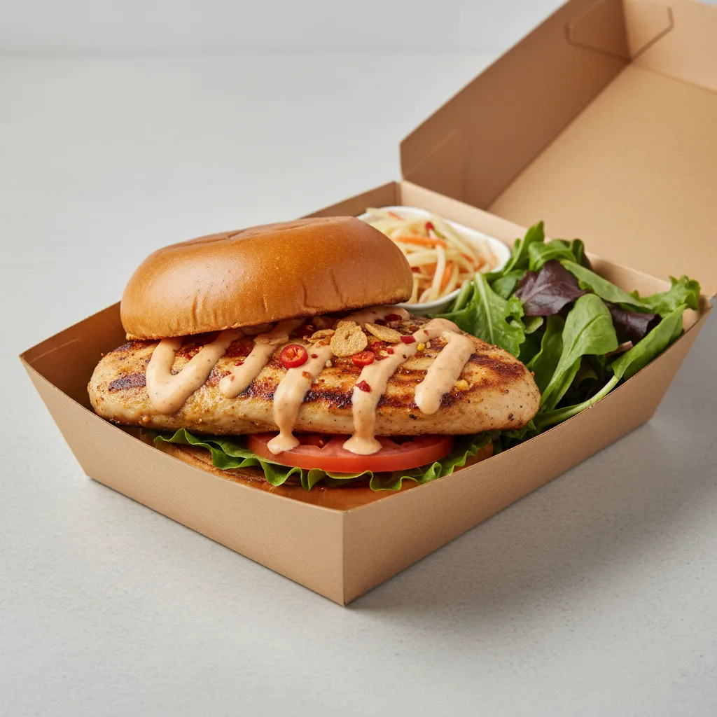 Char Chick Spicy Grilled Chicken Sandwich Box with Green Salad Char Chick Spicy Grilled Chicken Sandwich Box with Green Salad