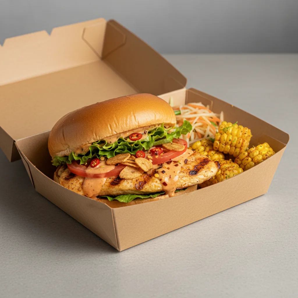 Char Chick Spicy Grilled Chicken Sandwich Box with Zesty Corn off the Cob Char Chick Spicy Grilled Chicken Sandwich Box with Zesty Corn off the Cob