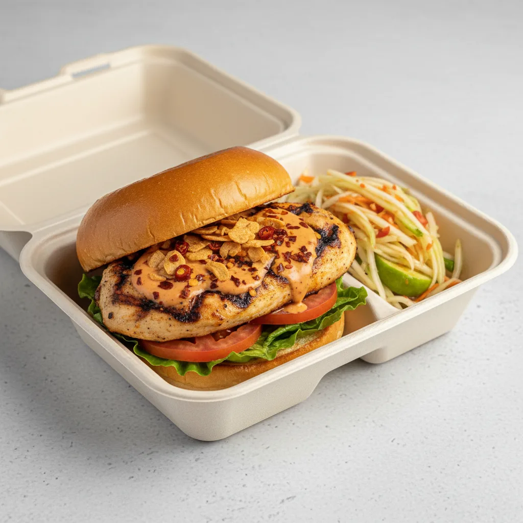 Char Chick Spicy Grilled Chicken Sandwich Box with Papaya Salad Char Chick Spicy Grilled Chicken Sandwich Box with Papaya Salad