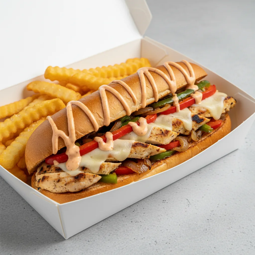 Philly Cheese Chicken Sandwich Box with Fries Philly Cheese Chicken Sandwich Box with Fries