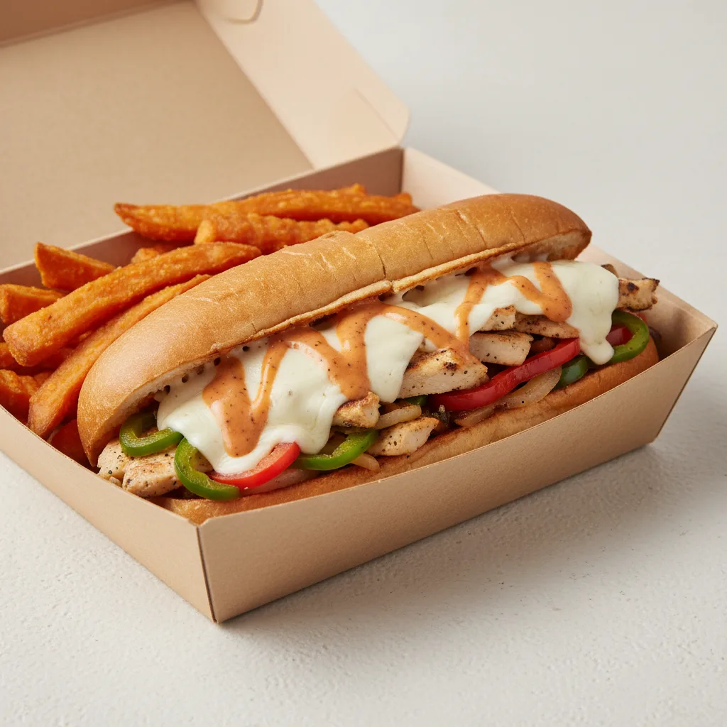 Philly Cheese Chicken Sandwich Box with Sweet Potato Fries Philly Cheese Chicken Sandwich Box with Sweet Potato Fries