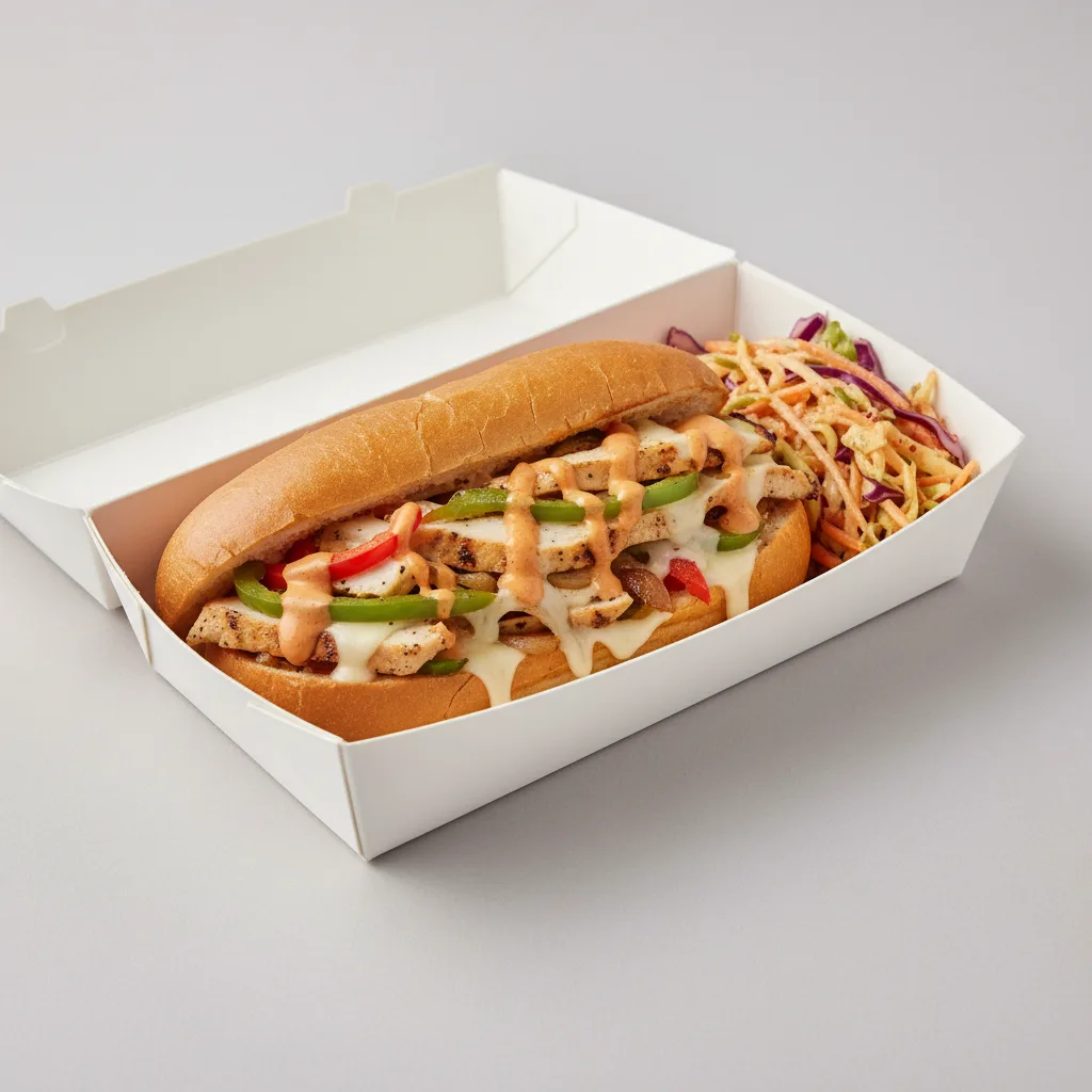Philly Cheese Chicken Sandwich Box with Spicy Slaw Philly Cheese Chicken Sandwich Box with Spicy Slaw