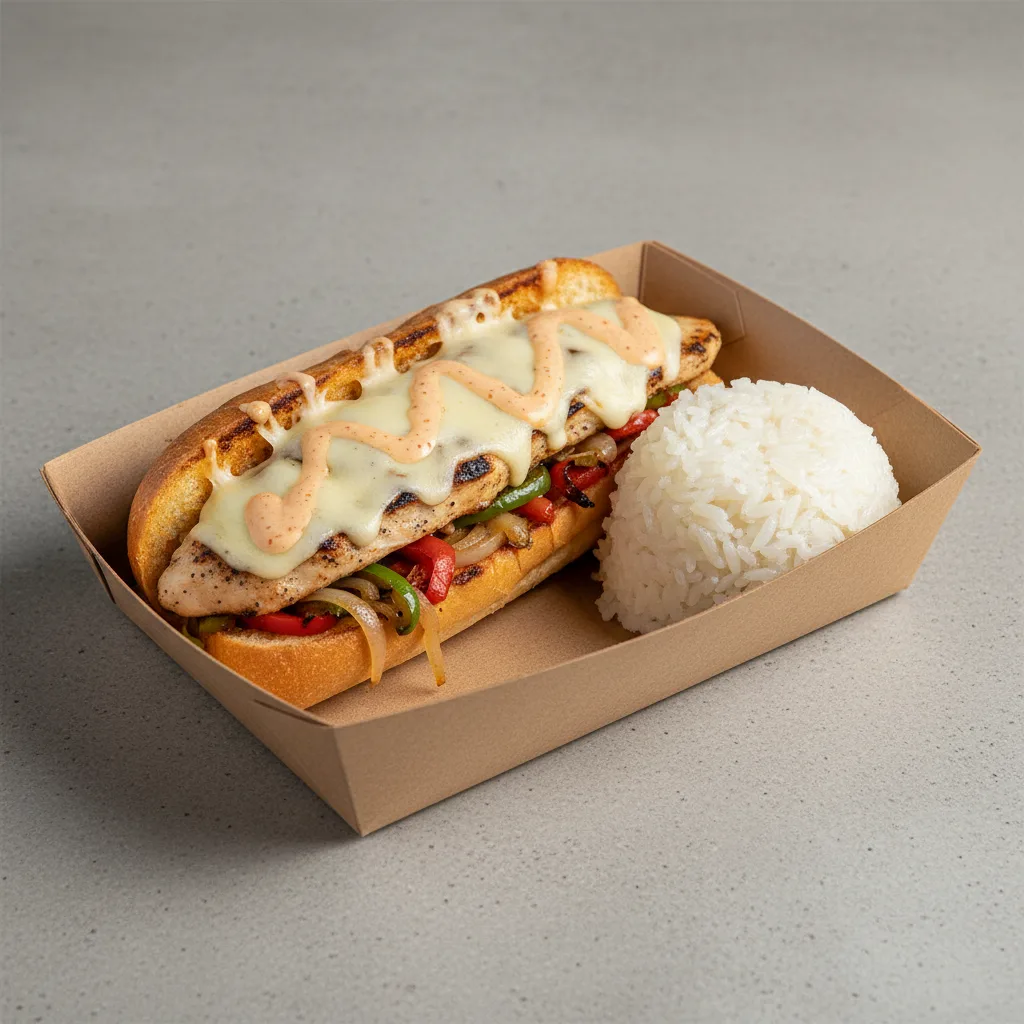 Philly Cheese Chicken Sandwich Box with Sticky Rice Philly Cheese Chicken Sandwich Box with Sticky Rice