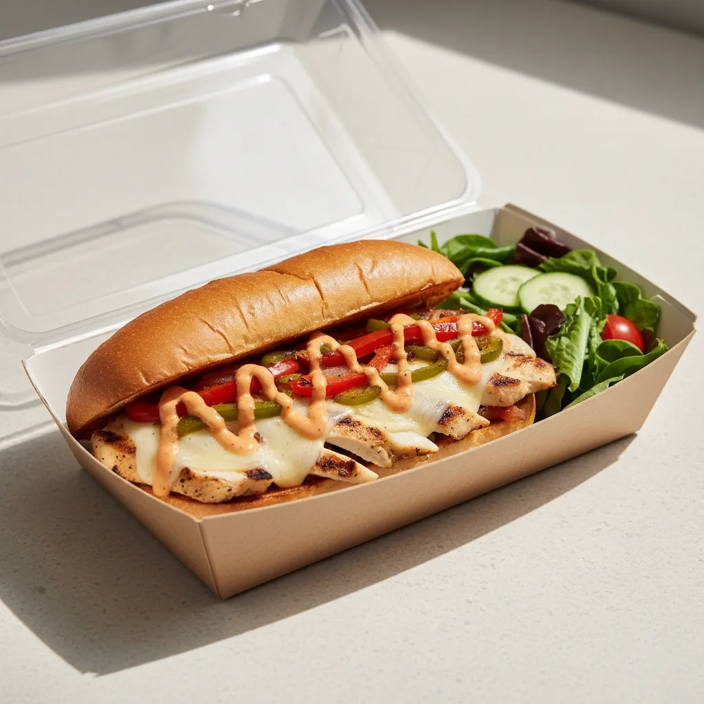Philly Cheese Chicken Sandwich Box with Green Salad Philly Cheese Chicken Sandwich Box with Green Salad