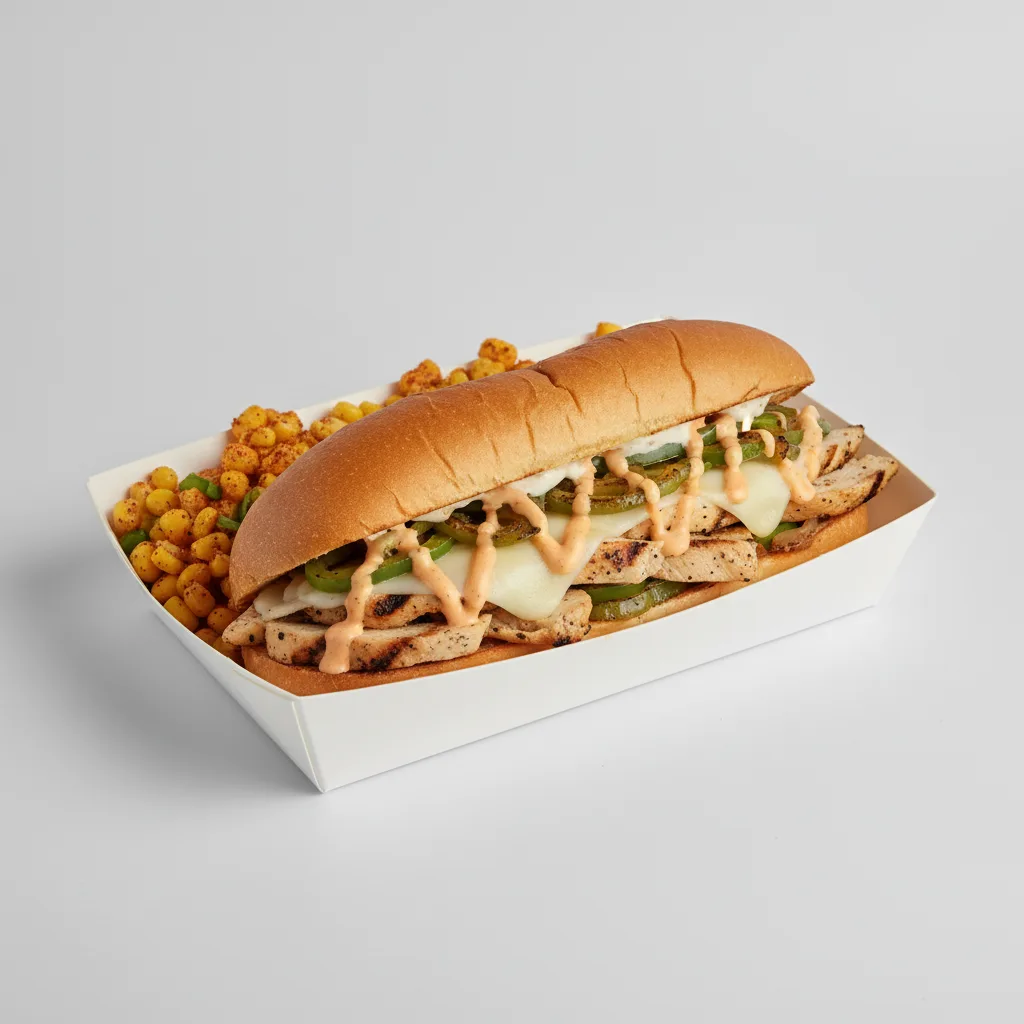 Philly Cheese Chicken Sandwich Box with Zesty Corn off the Cob Philly Cheese Chicken Sandwich Box with Zesty Corn off the Cob