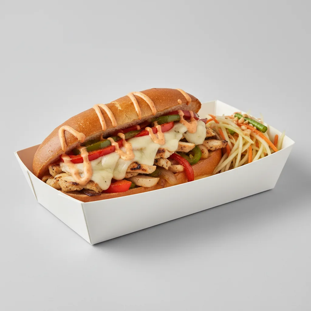 Philly Cheese Chicken Sandwich Box with Papaya Salad Philly Cheese Chicken Sandwich Box with Papaya Salad