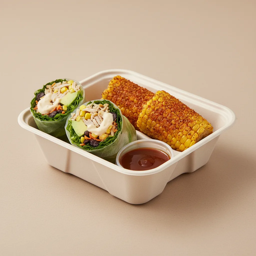 Shredded Lemongrass Chicken Wrap Box with Zesty Corn off the Cob Shredded Lemongrass Chicken Wrap Box with Zesty Corn off the Cob