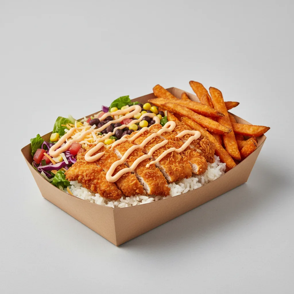 Crispy Shredded Chicken Bowl Box with Sweet Potato Fries Crispy Shredded Chicken Bowl Box with Sweet Potato Fries