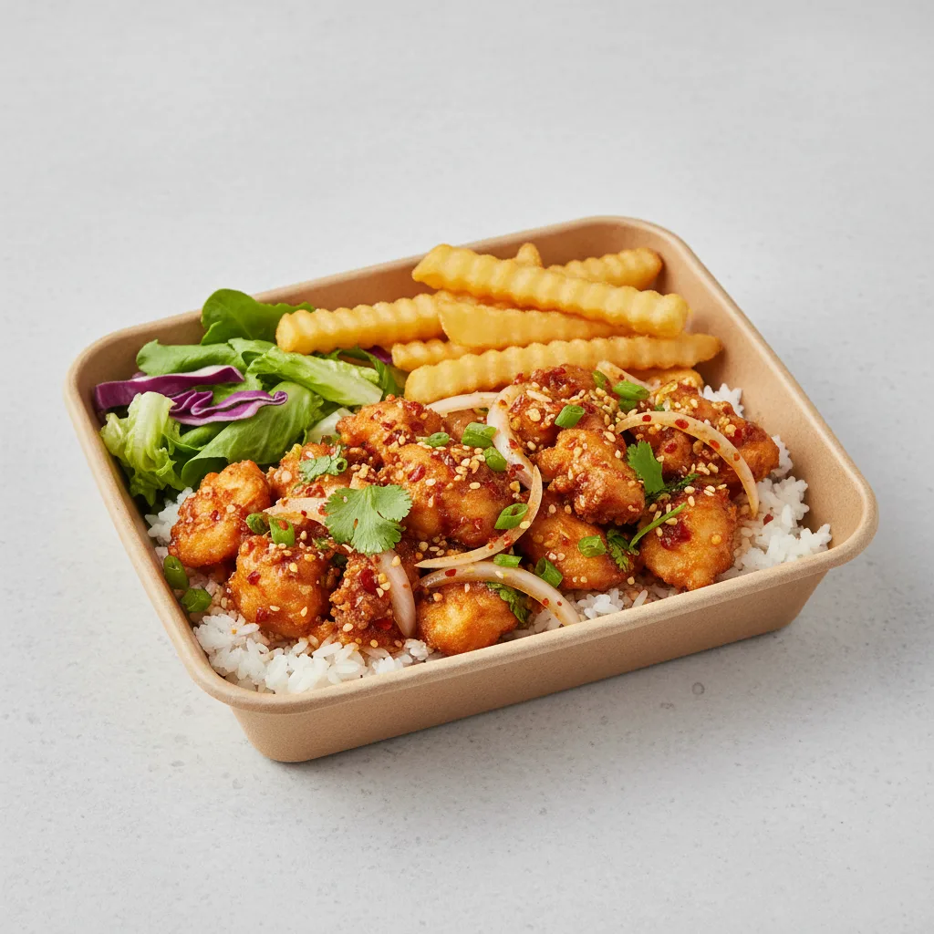Larb - Namtok Chicken Bowl Box with Fries Larb - Namtok Chicken Bowl Box with Fries