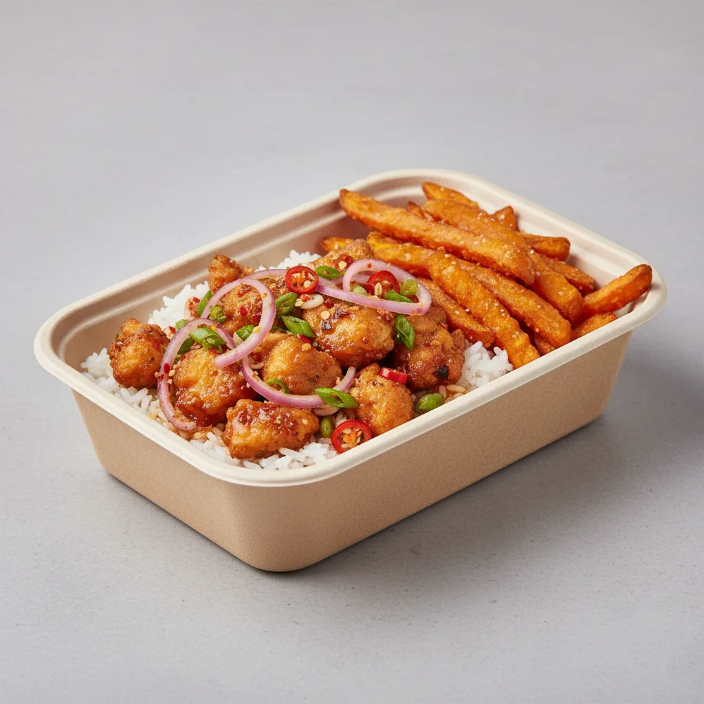Larb - Namtok Chicken Bowl Box with Sweet Potato Fries Larb - Namtok Chicken Bowl Box with Sweet Potato Fries