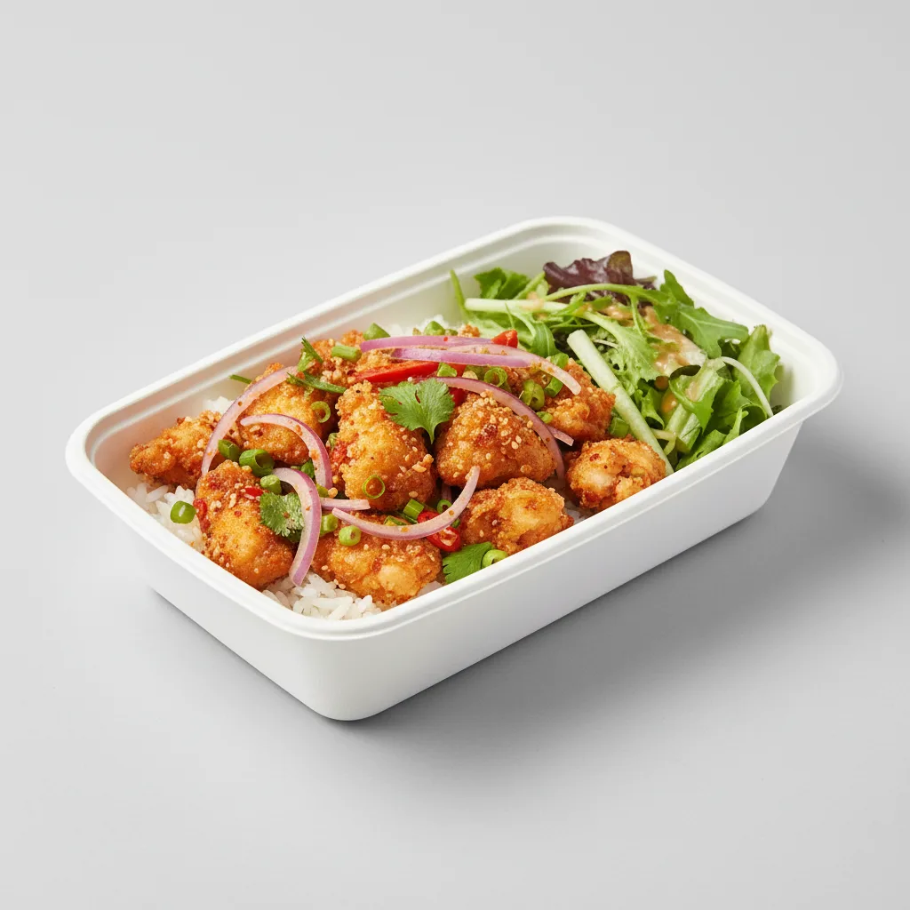 Larb - Namtok Chicken Bowl Box with Green Salad Larb - Namtok Chicken Bowl Box with Green Salad