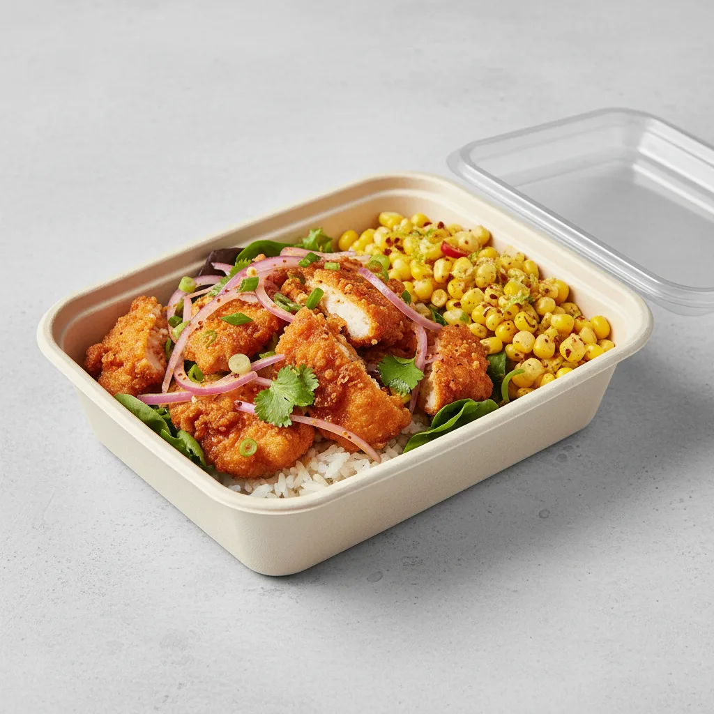 Larb - Namtok Chicken Bowl Box with Zesty Corn off the Cob Larb - Namtok Chicken Bowl Box with Zesty Corn off the Cob