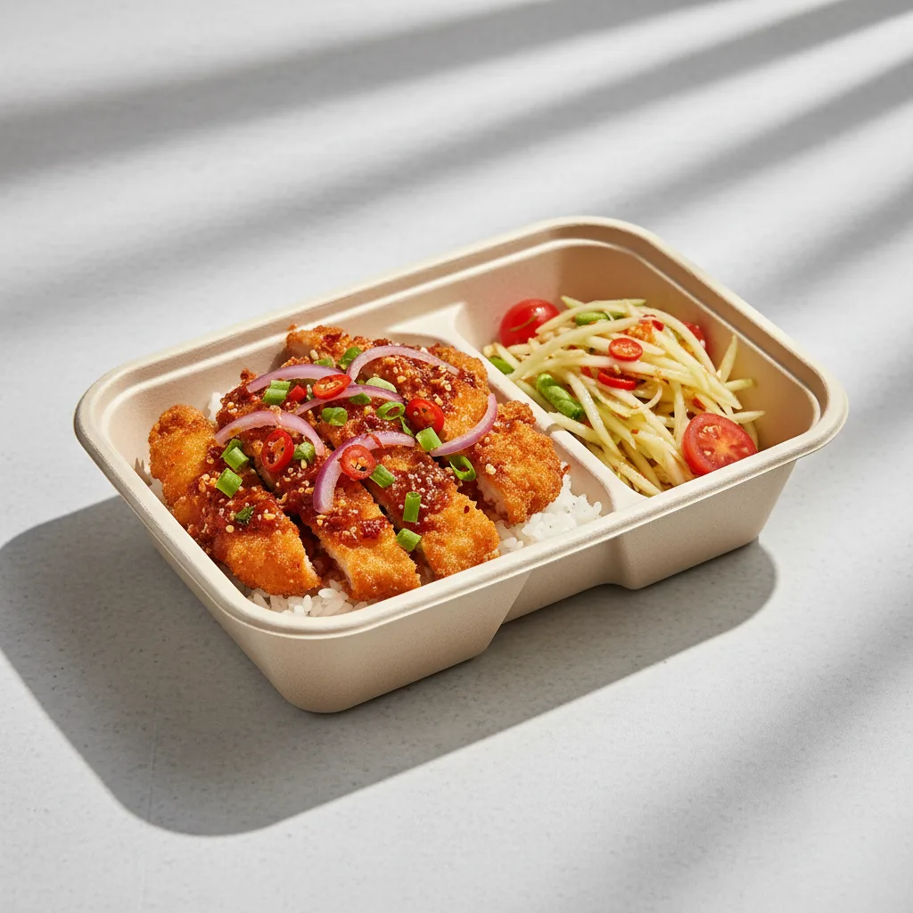 Larb - Namtok Chicken Bowl Box with Papaya Salad Larb - Namtok Chicken Bowl Box with Papaya Salad