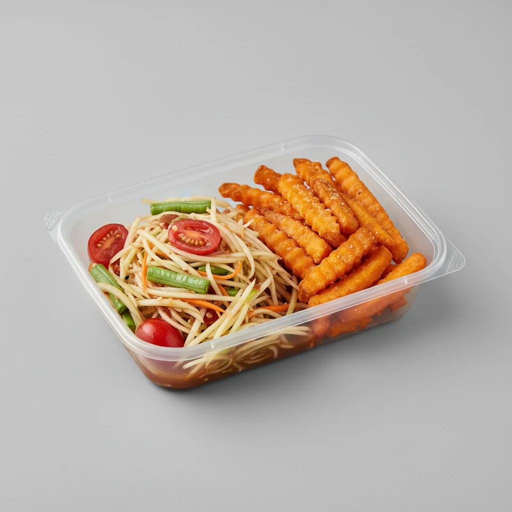 Papaya Salad Box with Sweet Potato Fries Papaya Salad Box with Sweet Potato Fries