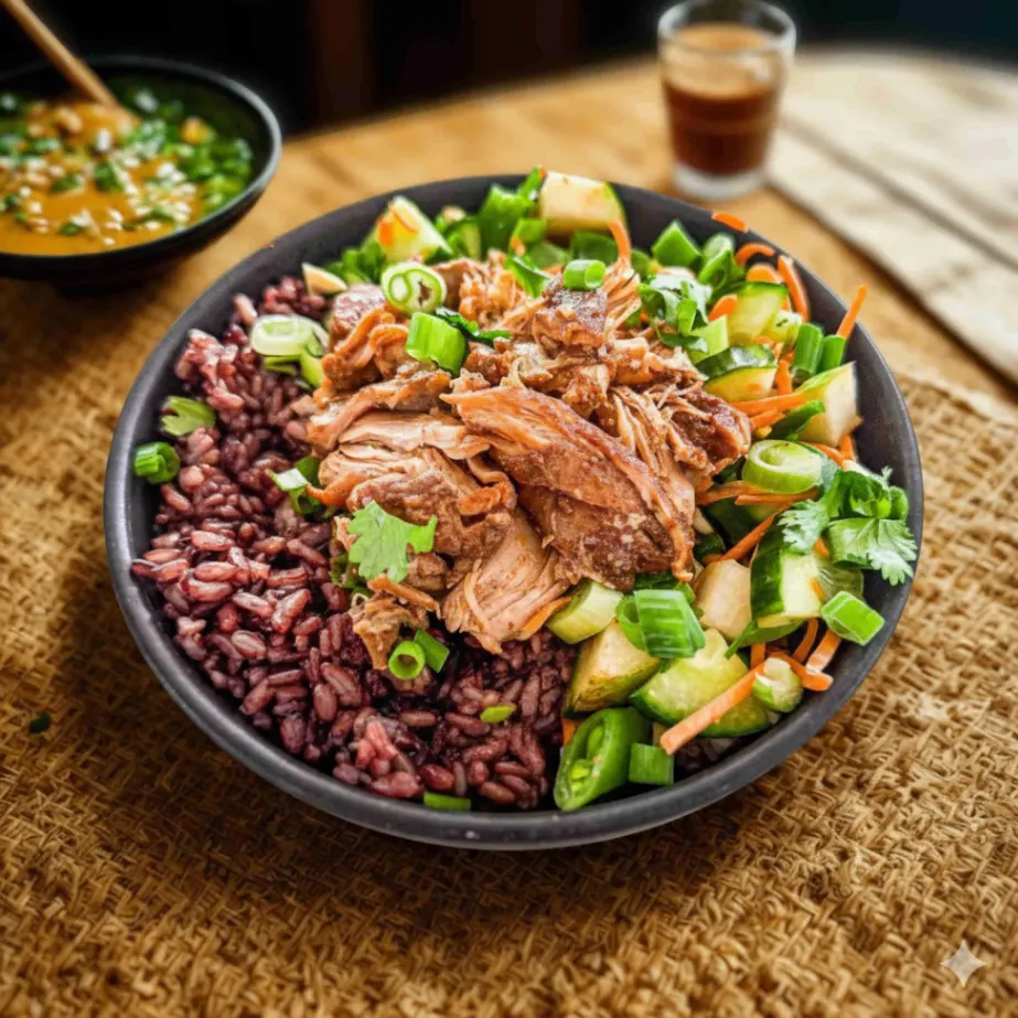 Nut-Free Chicken Purple Rice Bowl with "Peanut" Sauce (No Cashews)