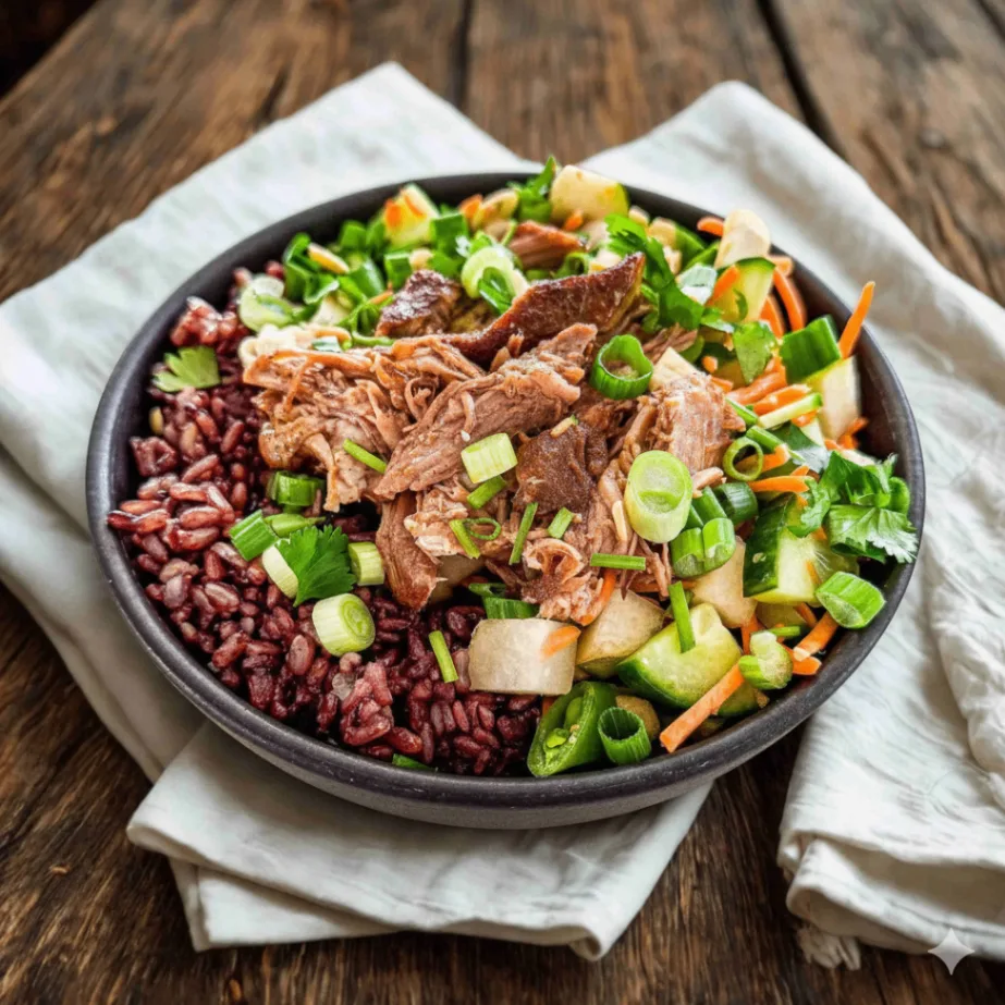 Nut-Free Pork Shoulder Purple Rice Bowl with "Peanut Sauce" (No Cashews)