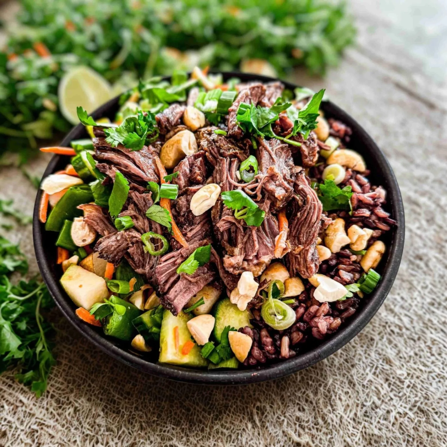 Wagyu Beef Purple Rice Bowl with "Peanut" Sauce