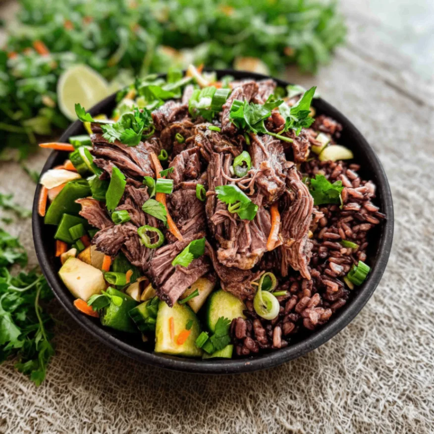Nut-Free Wagyu Beef Purple Rice Bowl with Ginger Lime Sauce (No Cashews)