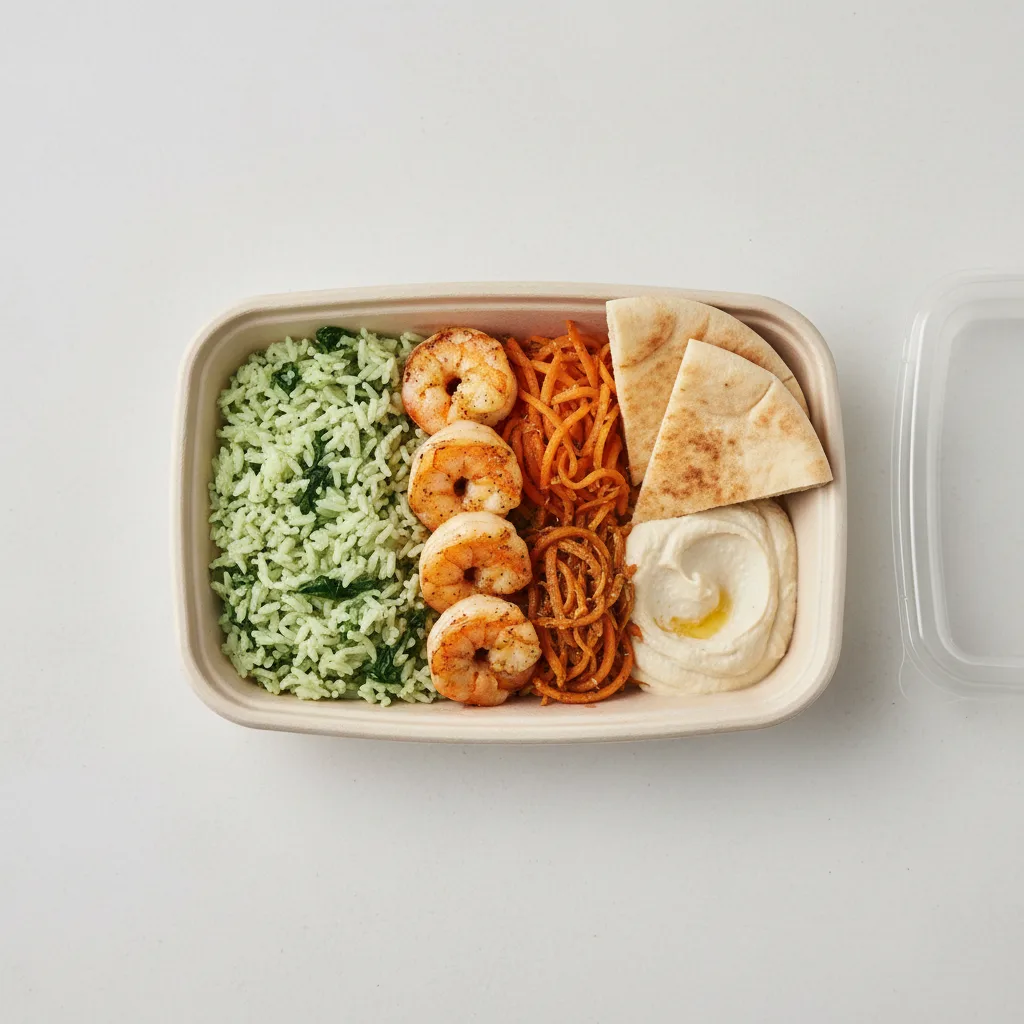 Spinach Rice With Lemon Shrimp and Pita
