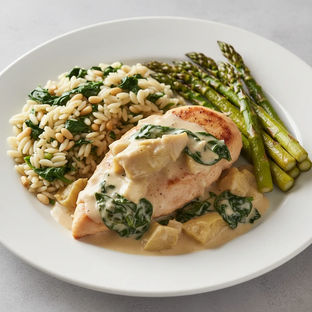 Creamy Artichoke Spinach Chicken, Spinach Pine Nut Orzo and Roasted Asparagus