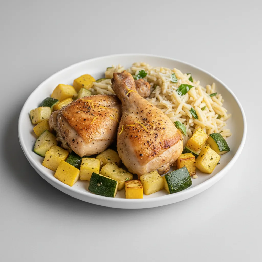 Lemon Pepper Chicken Quarters | Parmesan Basil Orzo | Roasted Squash Zucchini
