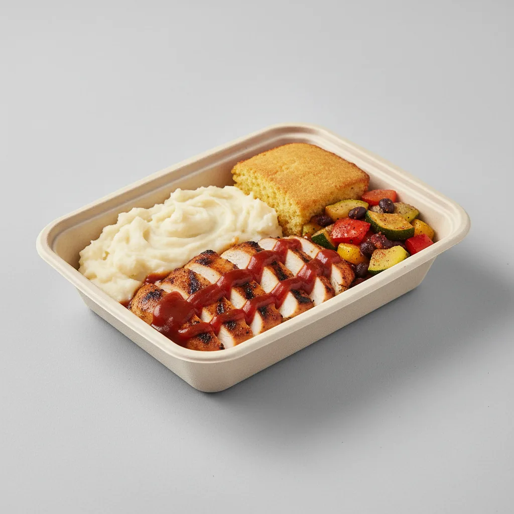 Southwestern BBQ Chicken Breasts, Mashed Potatoes, Cornbread, Seasoned Vegetable