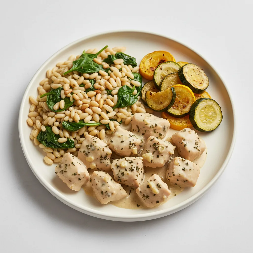 Creamy Garlic-herb Chicken | Spinach Pine Nut Orzo | Roasted Squash and Zucchini
