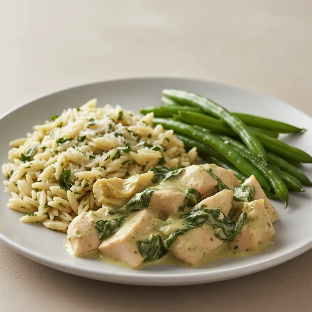 Creamy Artichoke & Spinach Chicken | Parmesan Basil Orzo | Sautéed Green Beans