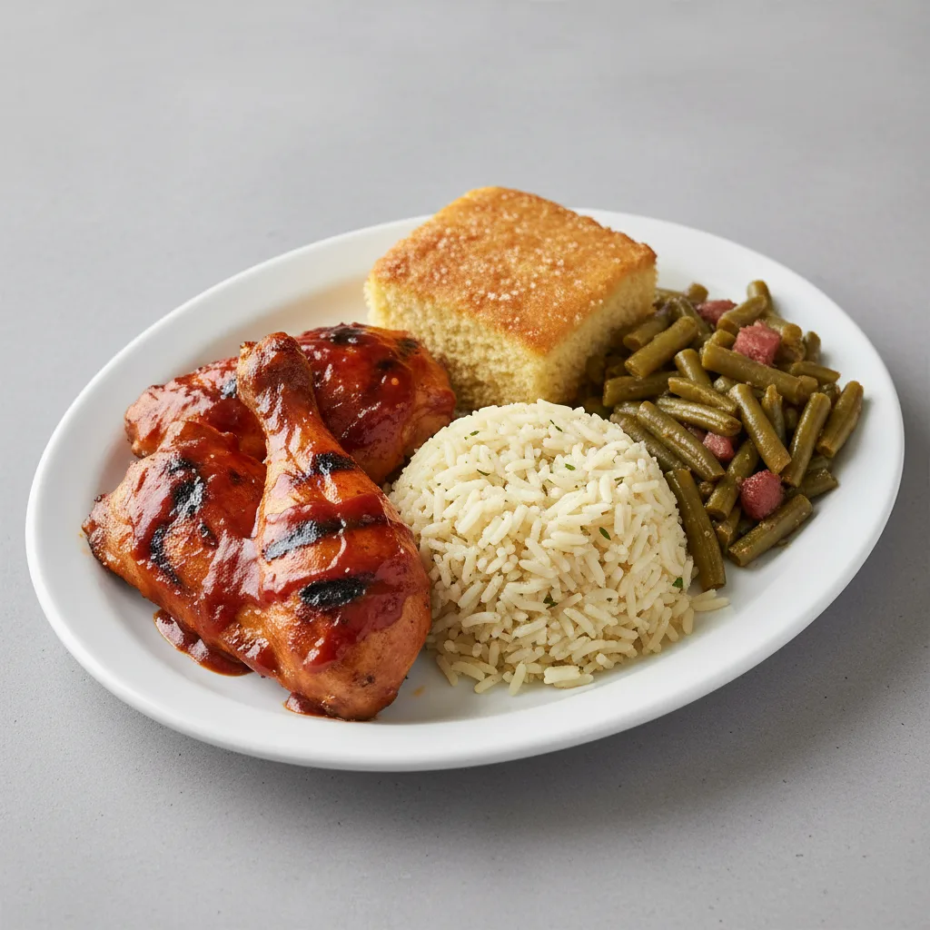 BBQ Chicken, Butter Herb Rice Pilaf, Honey Cornbread, Southern Style Green Beans
