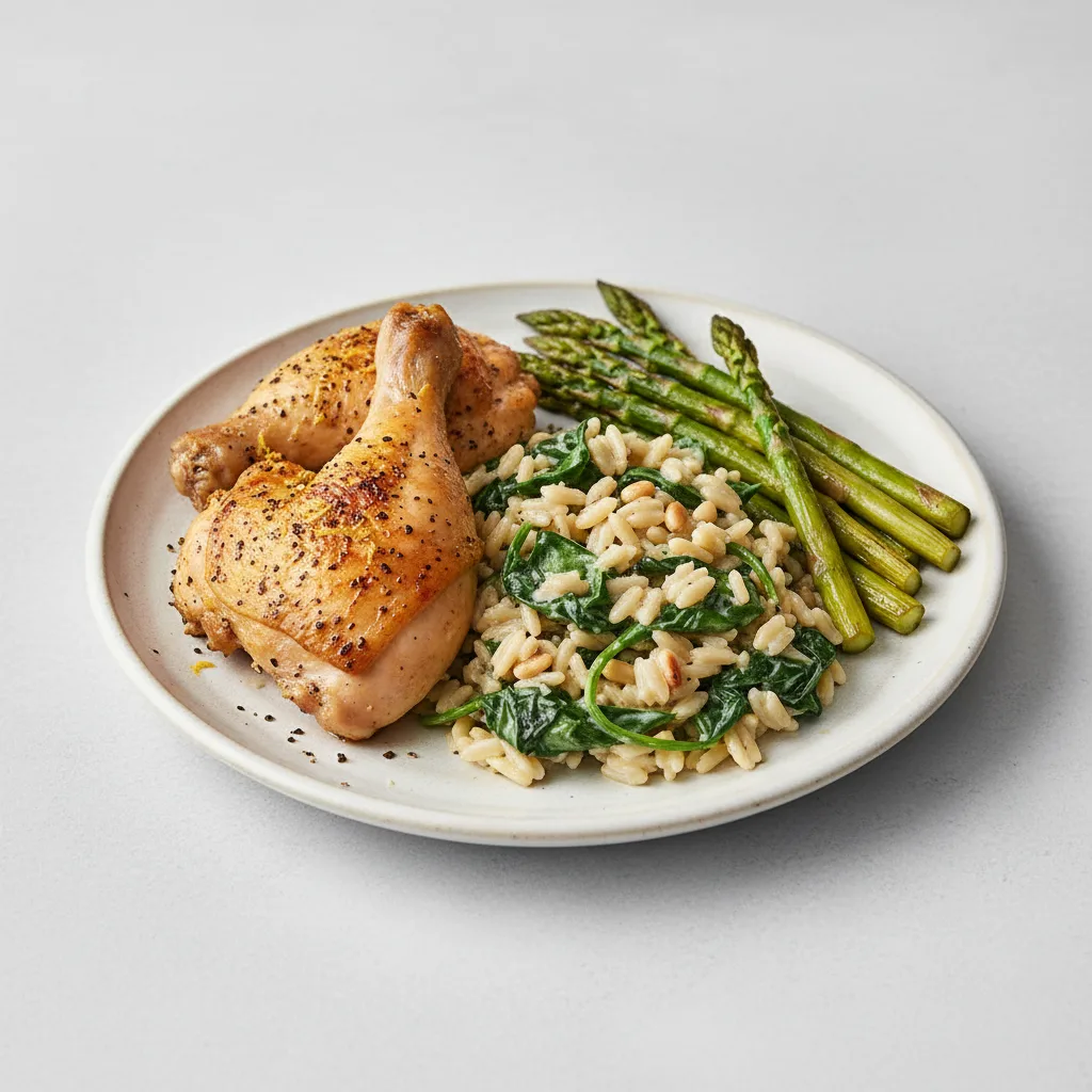Lemon-pepper Chicken Quarters | Spinach and Pine Nut Orzo | Roasted Asparagus