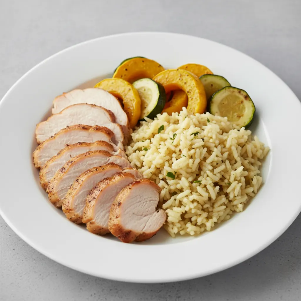 Sliced Roasted Turkey | Butter Herb Rice Pilaf | Roasted Squash and Zucchini