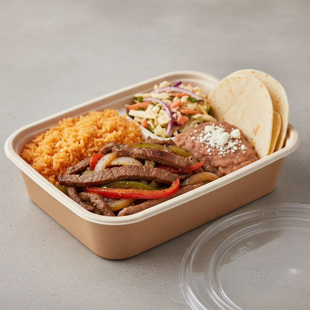 Beef Fajitas, Mexican Rice, Beans, Corn Tortilla and Mexican Slaw Beef Fajitas, Mexican Rice, Beans, Corn Tortilla and Mexican Slaw