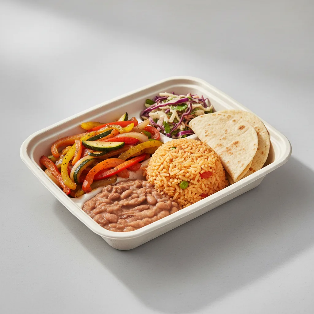 Veggie Fajitas, Mexican Rice, Beans, Corn Tortilla and Mexican Slaw Veggie Fajitas, Mexican Rice, Beans, Corn Tortilla and Mexican Slaw