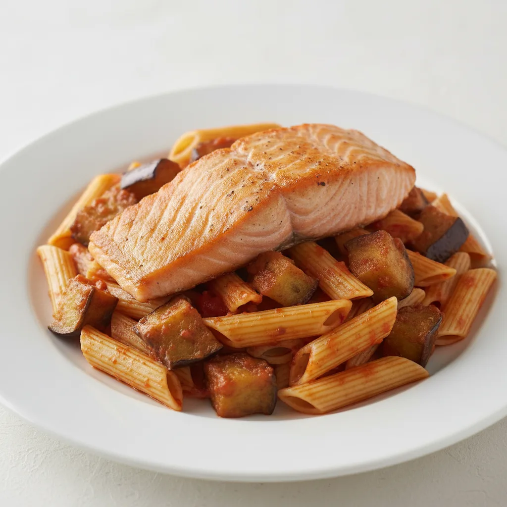 Penne with Eggplant and Pan Seared Salmon Penne with Eggplant and Pan Seared Salmon