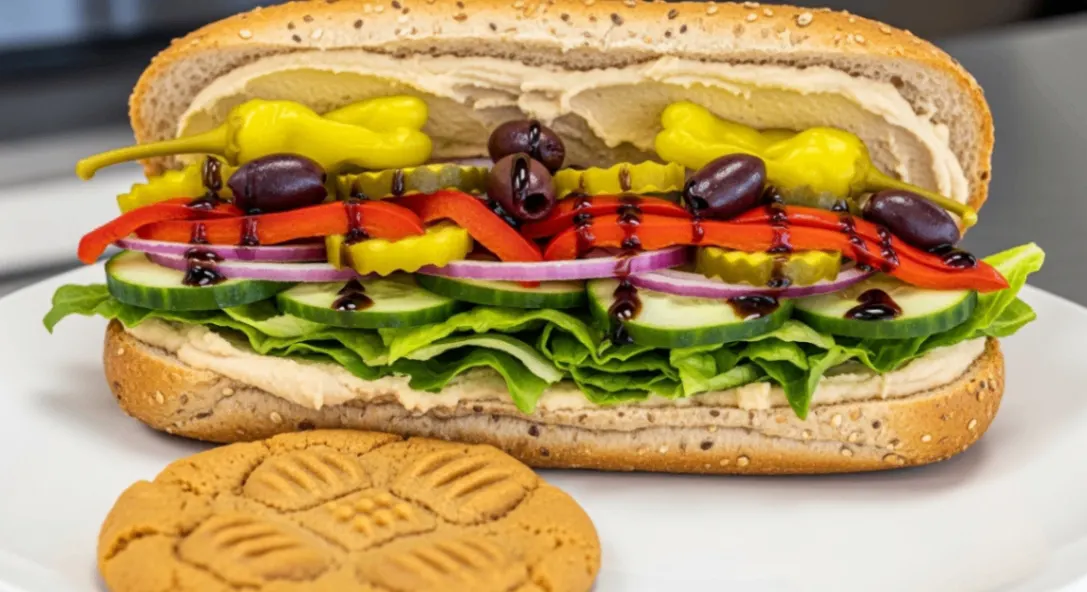 Vegan Sub on Whole Grain Wheat Bread and a Peanut Butter Cookie (No Tomatoes)