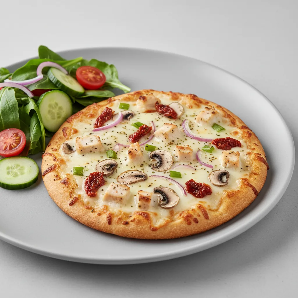 Gluten-Free Chicken and Garlic Gourmet Pizza with Salad Gluten-Free Chicken and Garlic Gourmet Pizza with Salad