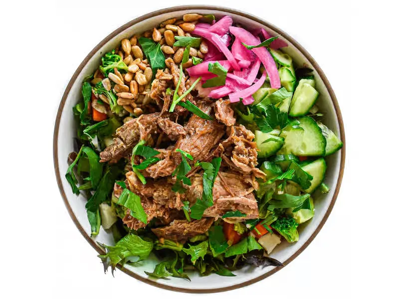 Light Carb Pork Shoulder Garden Bowl with Avocado and Rosemary Balsamic Sauce