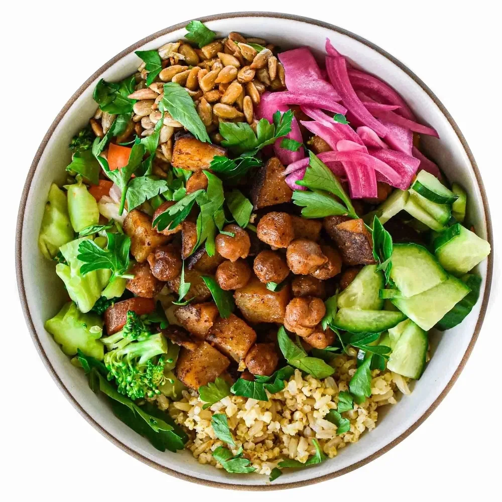 Chickpea Potato Hearty Bowl with Avocado and Lemon Thyme Sauce