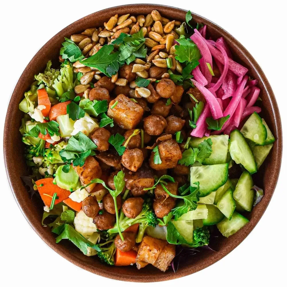 Chickpea Potato Garden Bowl with Avocado and Rosemary Balsamic Sauce